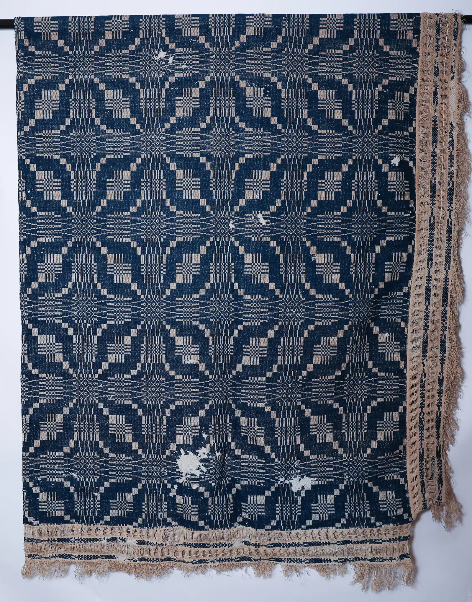 1800s Overshot Coverlet Indigo Cream Wool Lin Seam