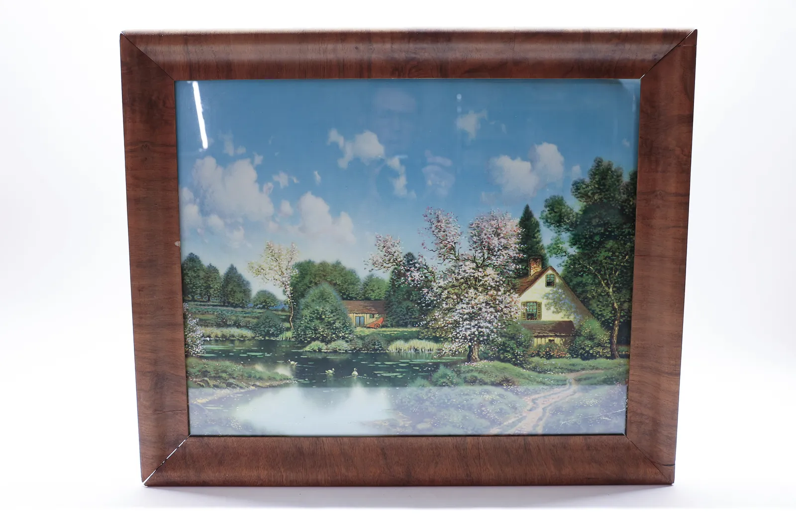 Vintage Cottage Pond Print Wood Frame 23.5 x 19.5
