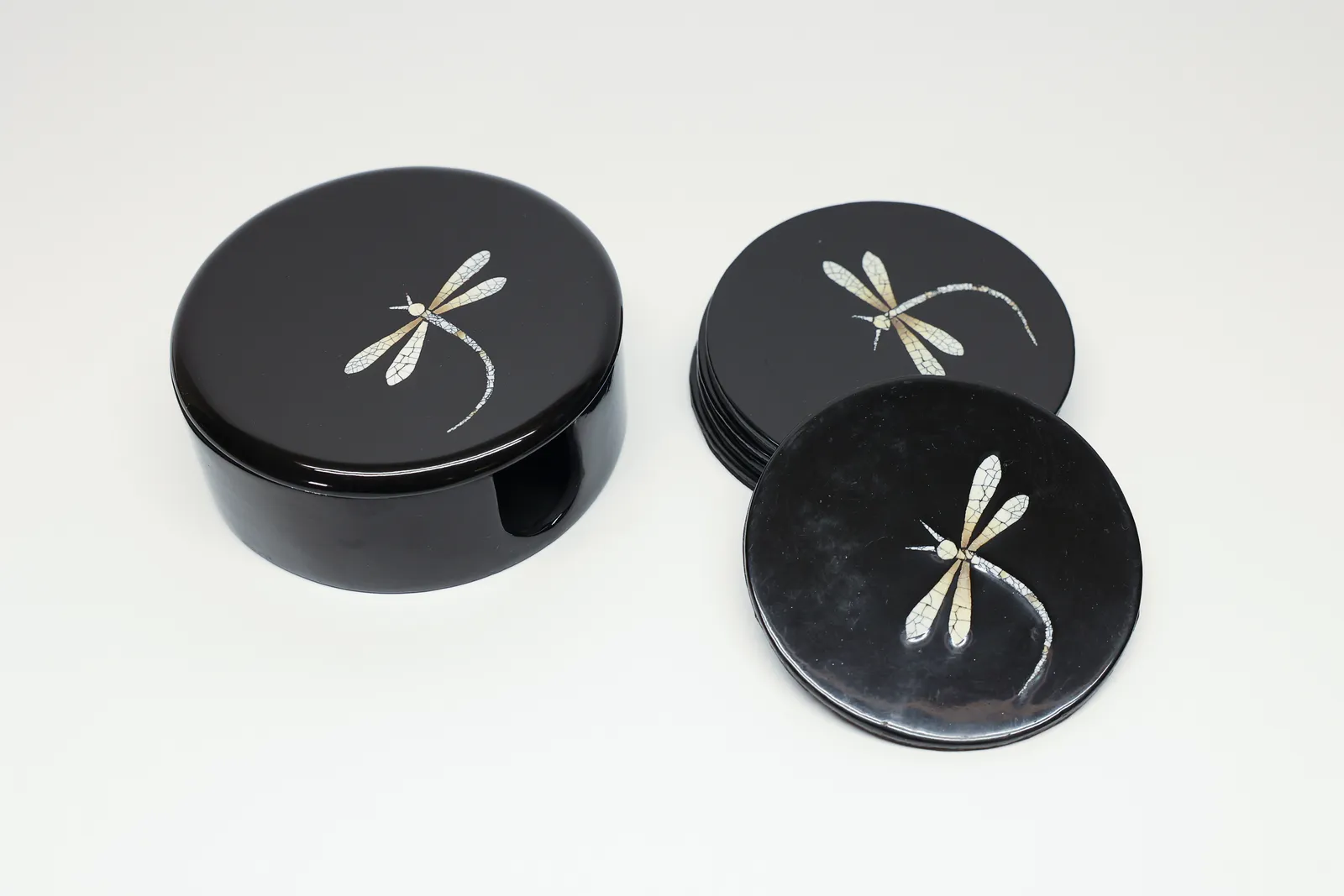 Asian Black Lacquer Coaster Set, Inlay Dragonfly