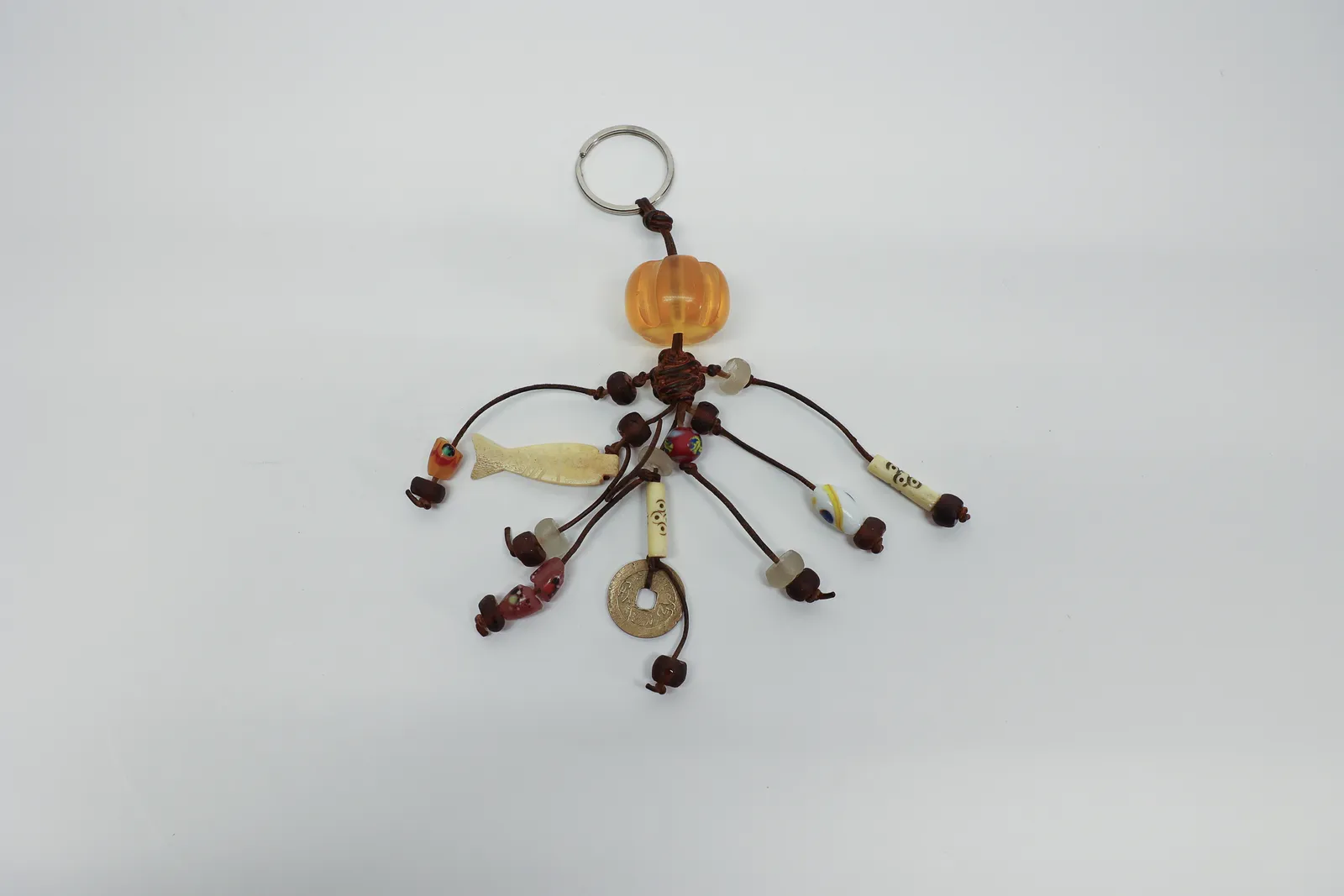 Ethnic Beaded Keychain w/ Chinese Coin & Charms