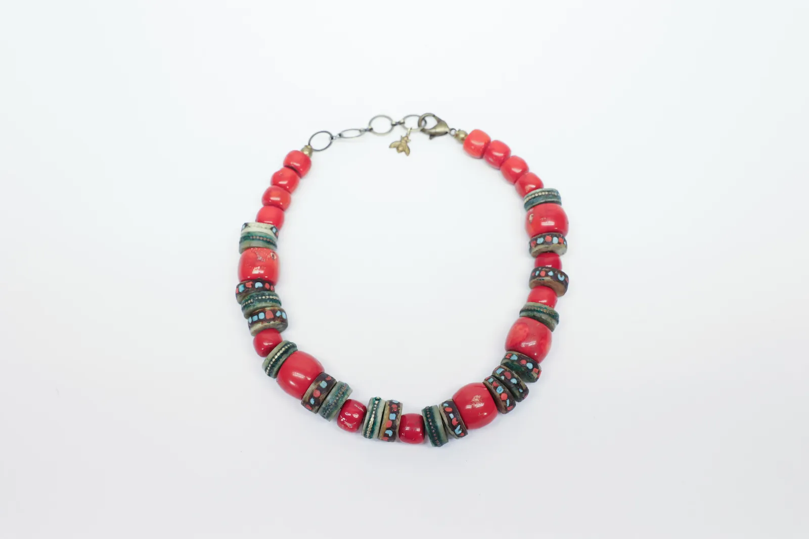 Tibetan Coral & Turquoise Inlay Yak Bone Necklace