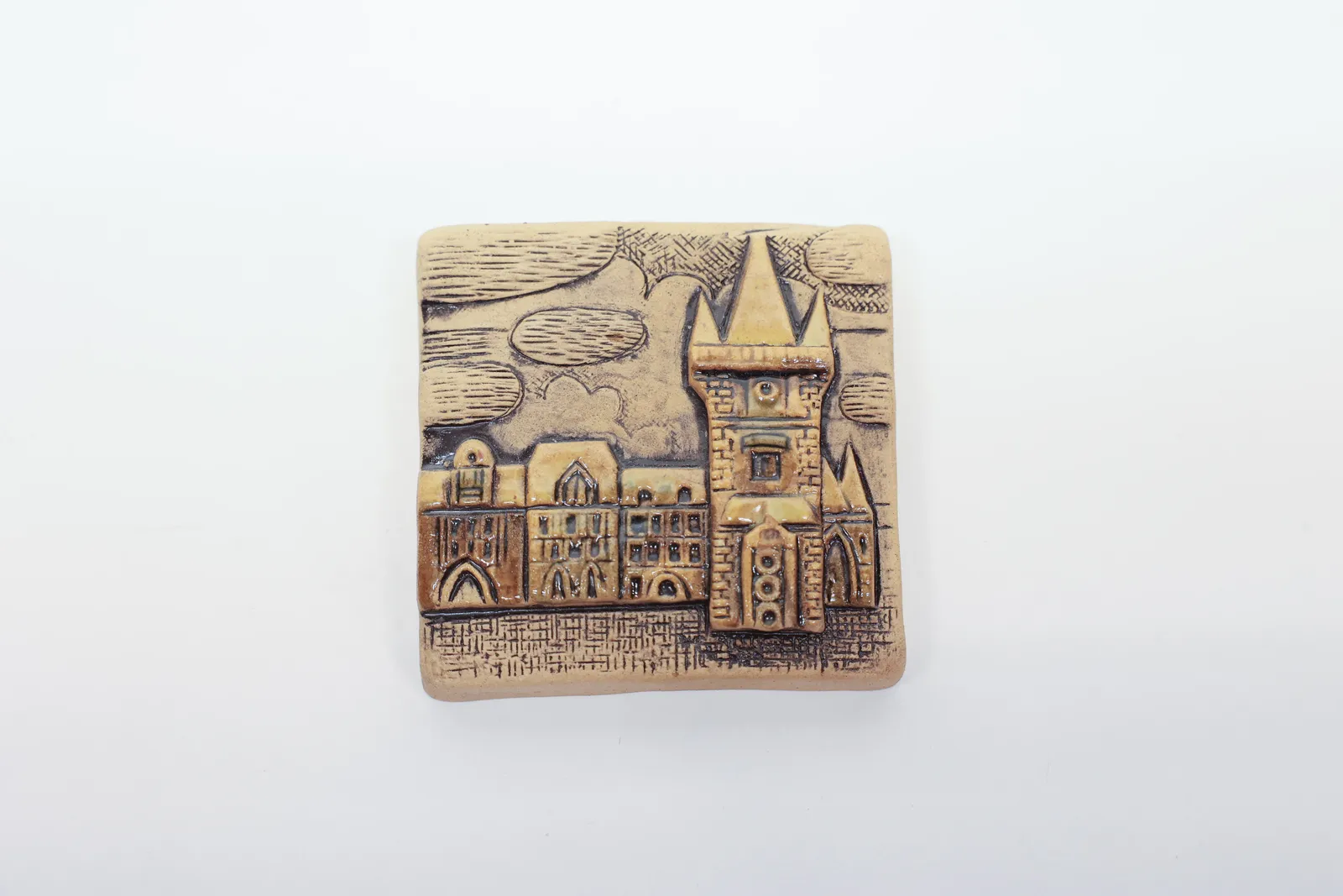 Signed Studio Pottery Tile, European Townscape