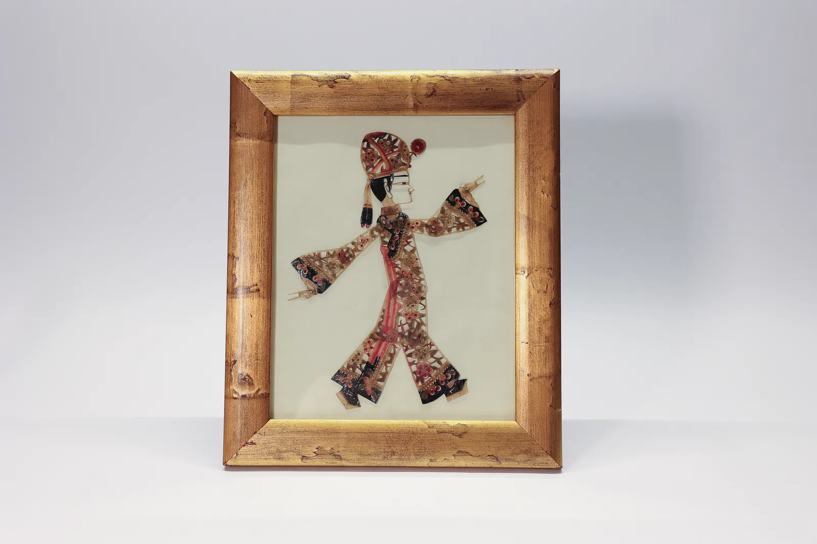 Framed Chinese Shadow Puppet, Painted Hide