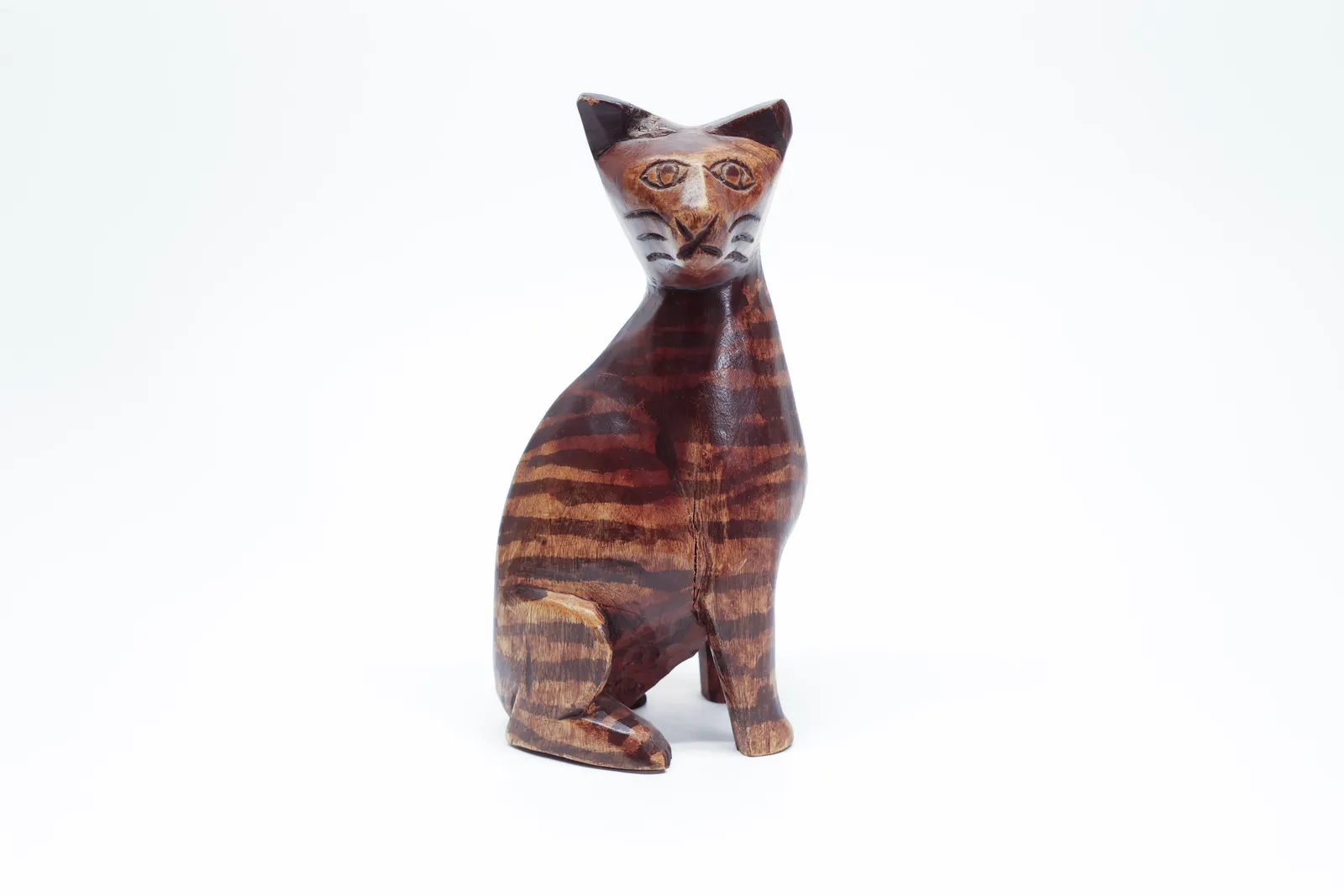 Carved Wood Tiger-Stripe Cat Figure, Folk Art