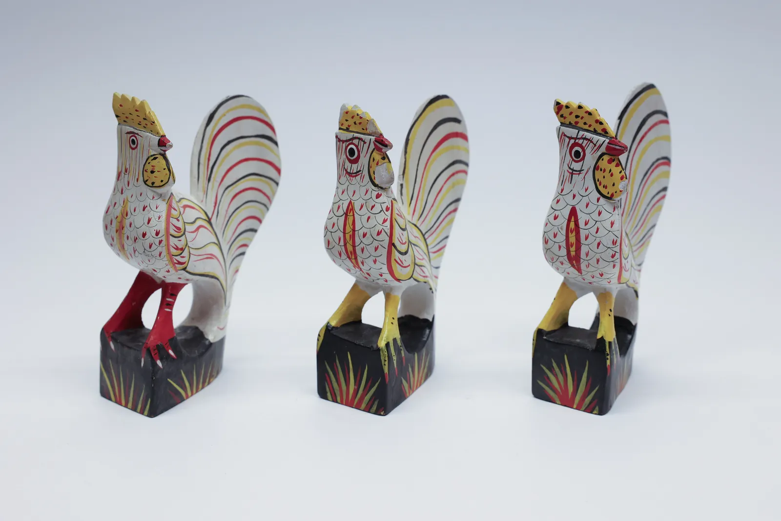 Set of 3 Carved Folk Art Painted Roosters