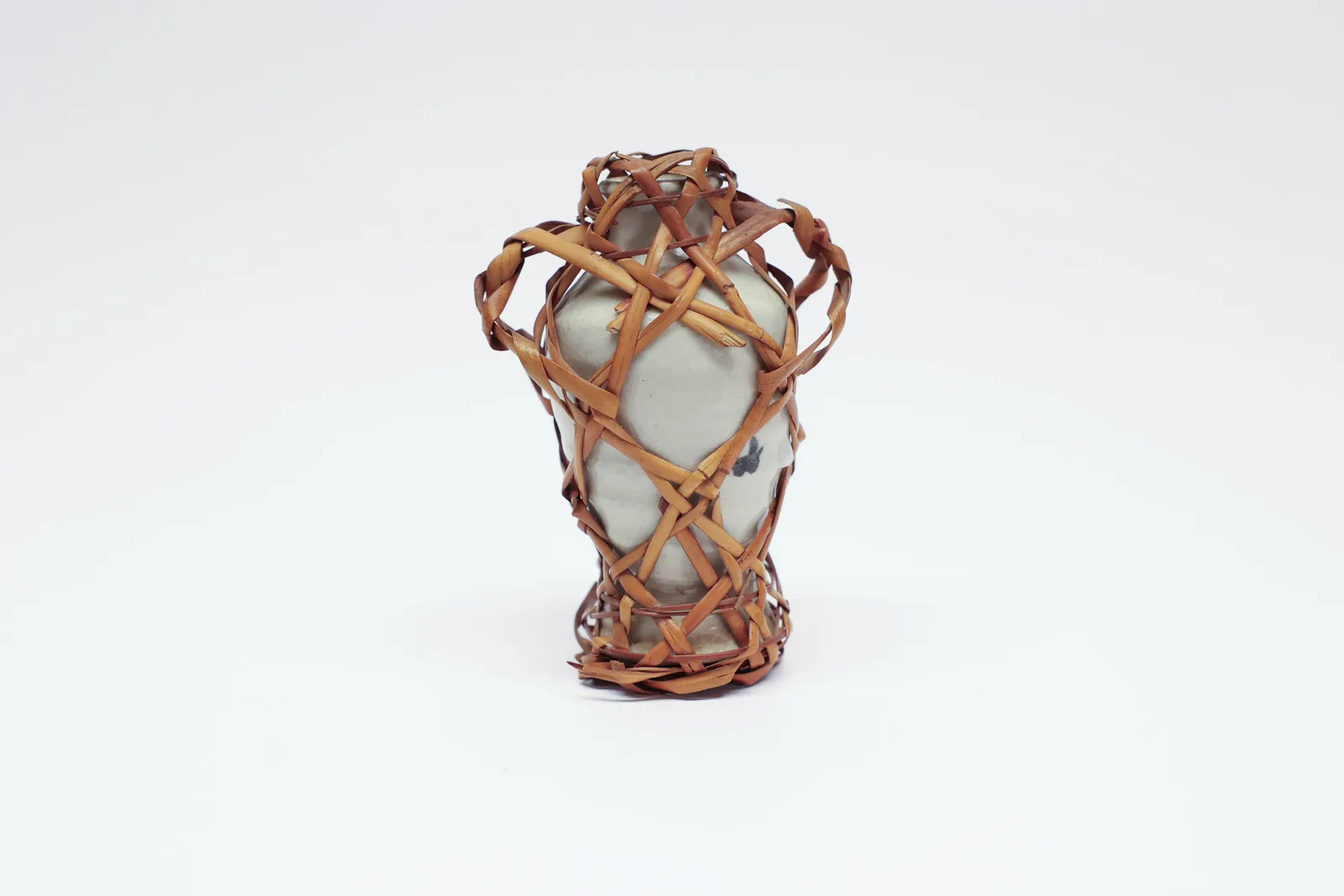 Vintage Japanese Bamboo-Wrapped Pottery Vase