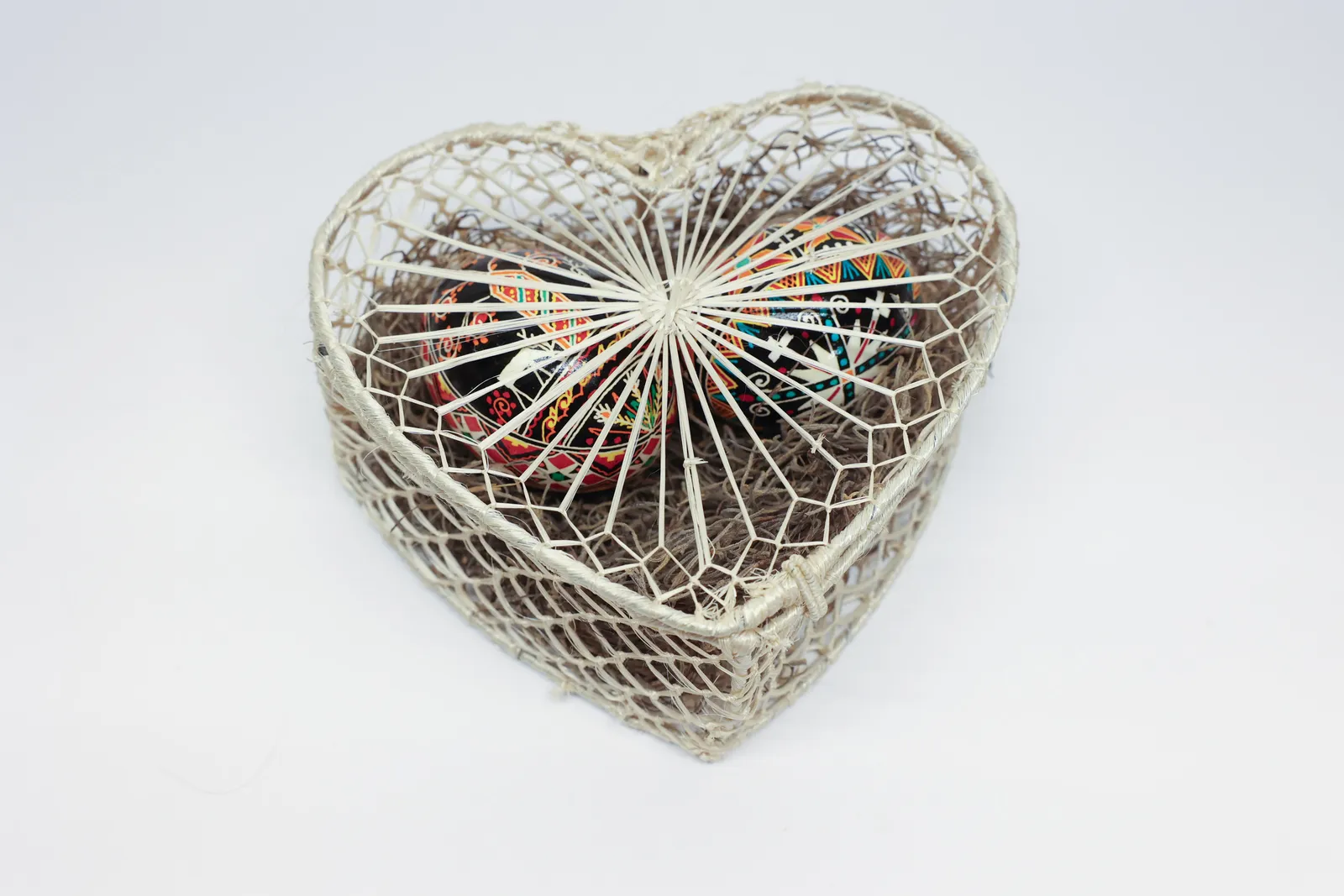 Pair Ukrainian Pysanky Eggs, Heart Basket