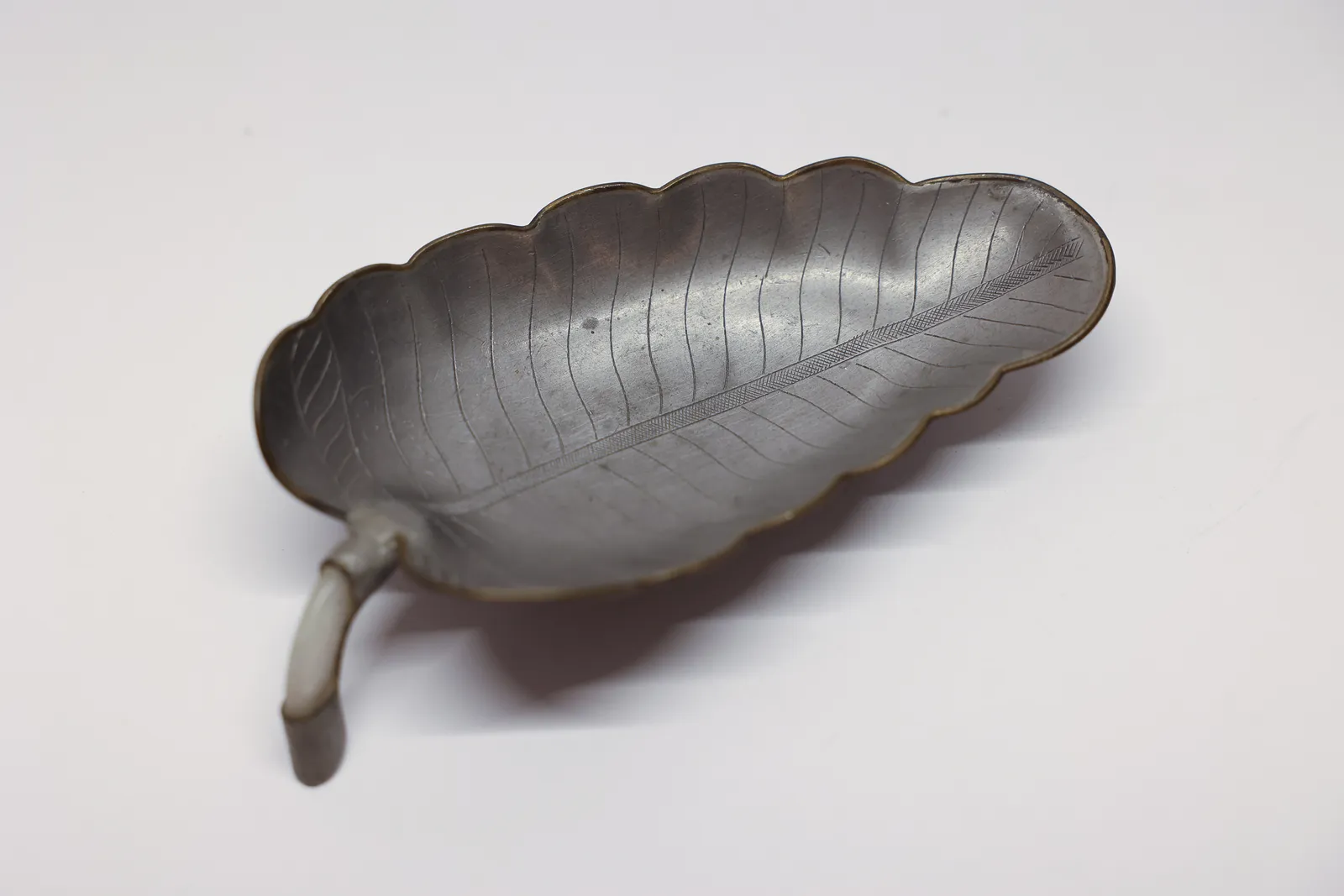 Vintage Chinese Export Pewter Leaf Trinket Dish