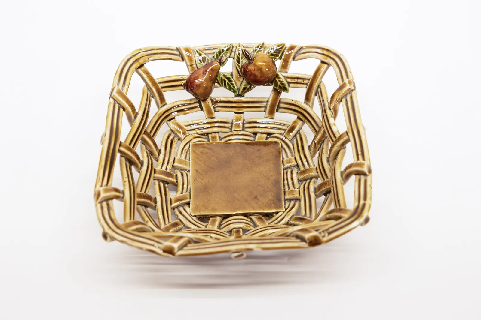 Spanish Majolica Basket Weave Dish with Pear Apple