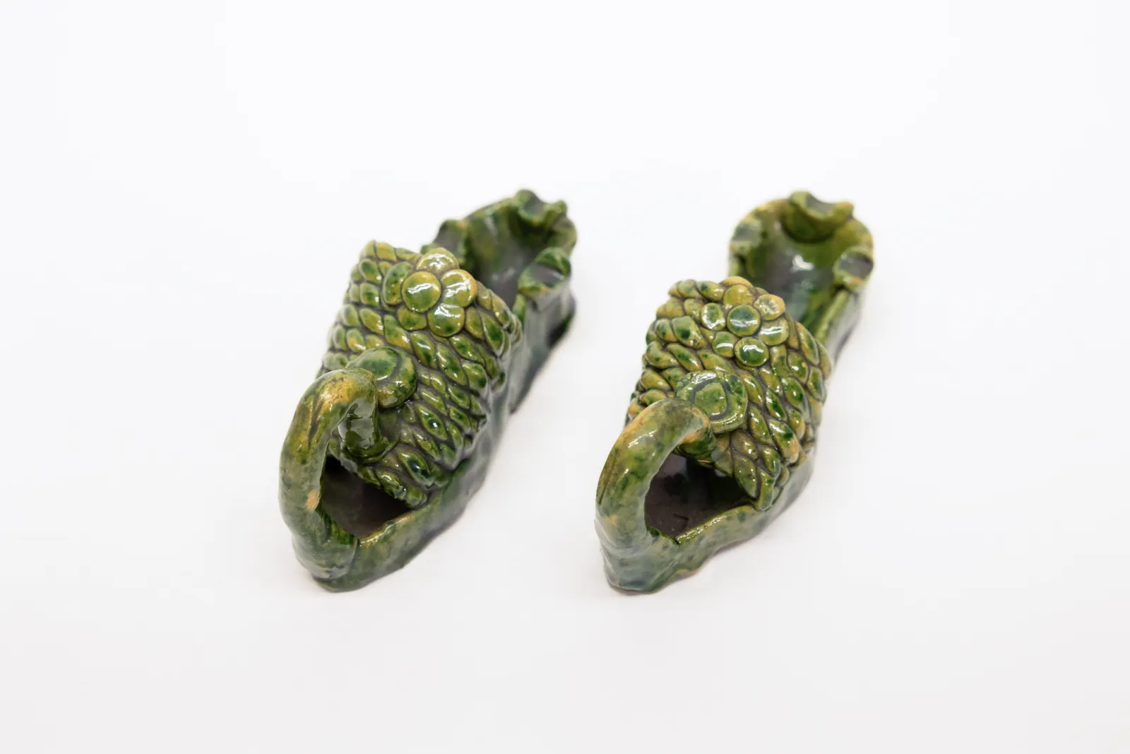 Pair Green Majolica Pinecone Ashtray Slippers