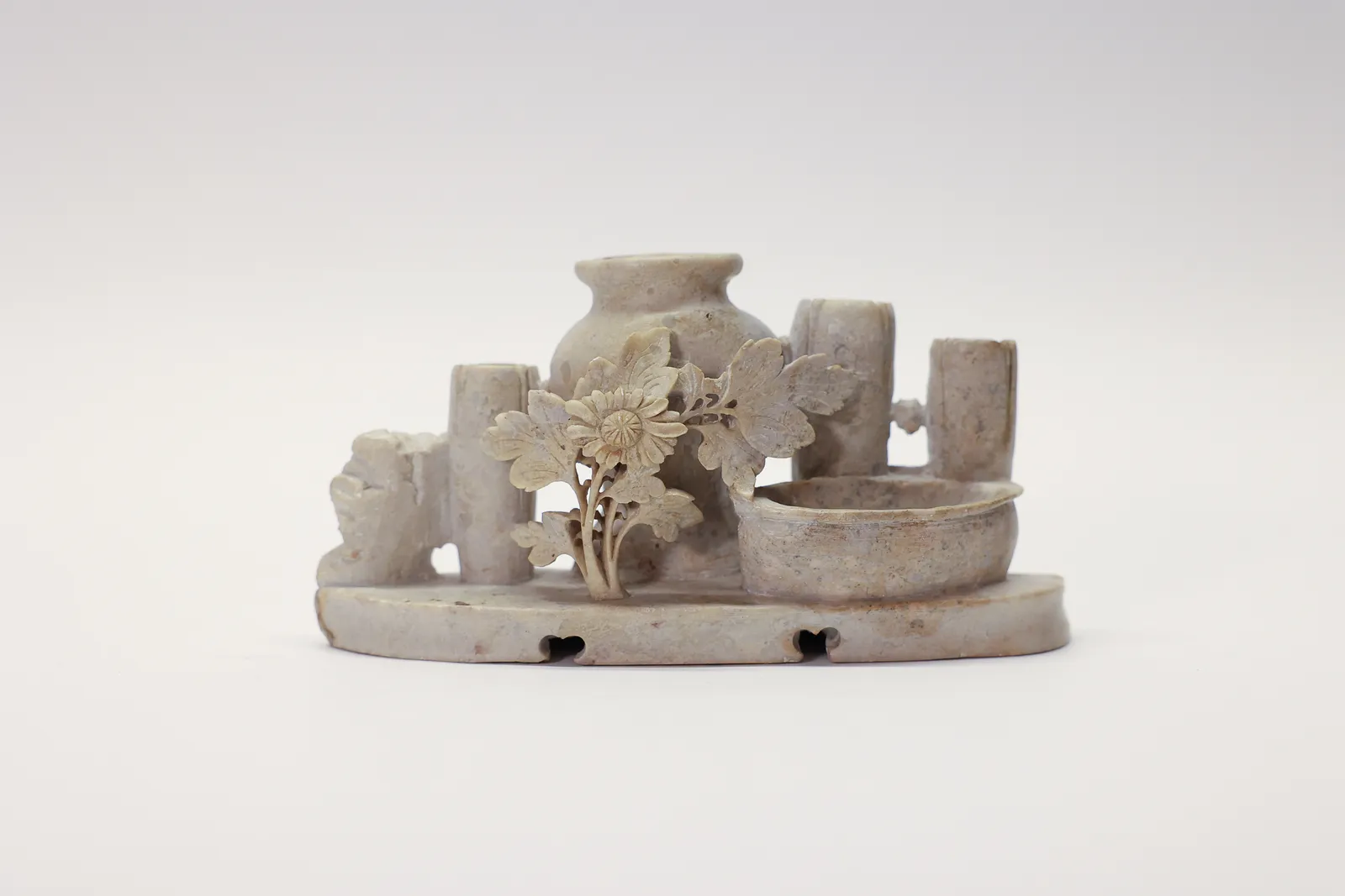 Chinese Carved Soapstone Ink Well & Brush Holder