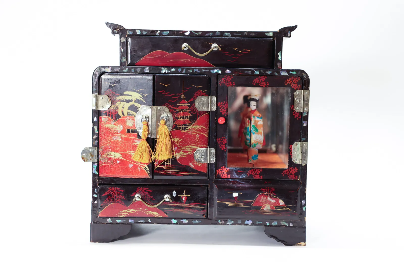 Japanese Lacquered Musical Jewelry Box, Geisha
