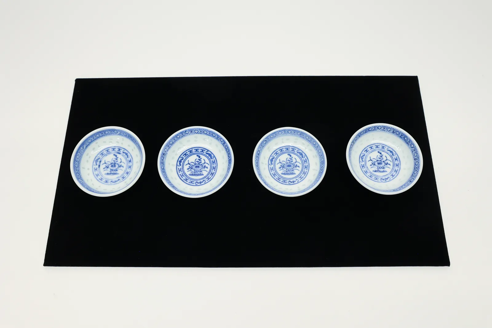 Chinese Blue & White Rice Grain Dipping Bowls (4)