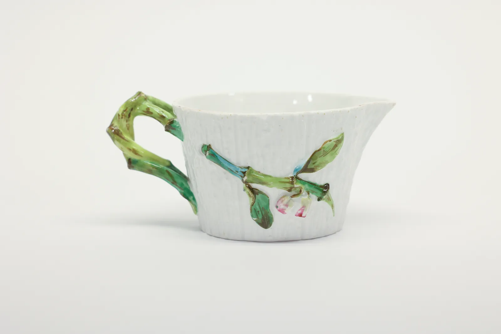 Figural Tree Bark Porcelain Creamer Flowers Bamboo