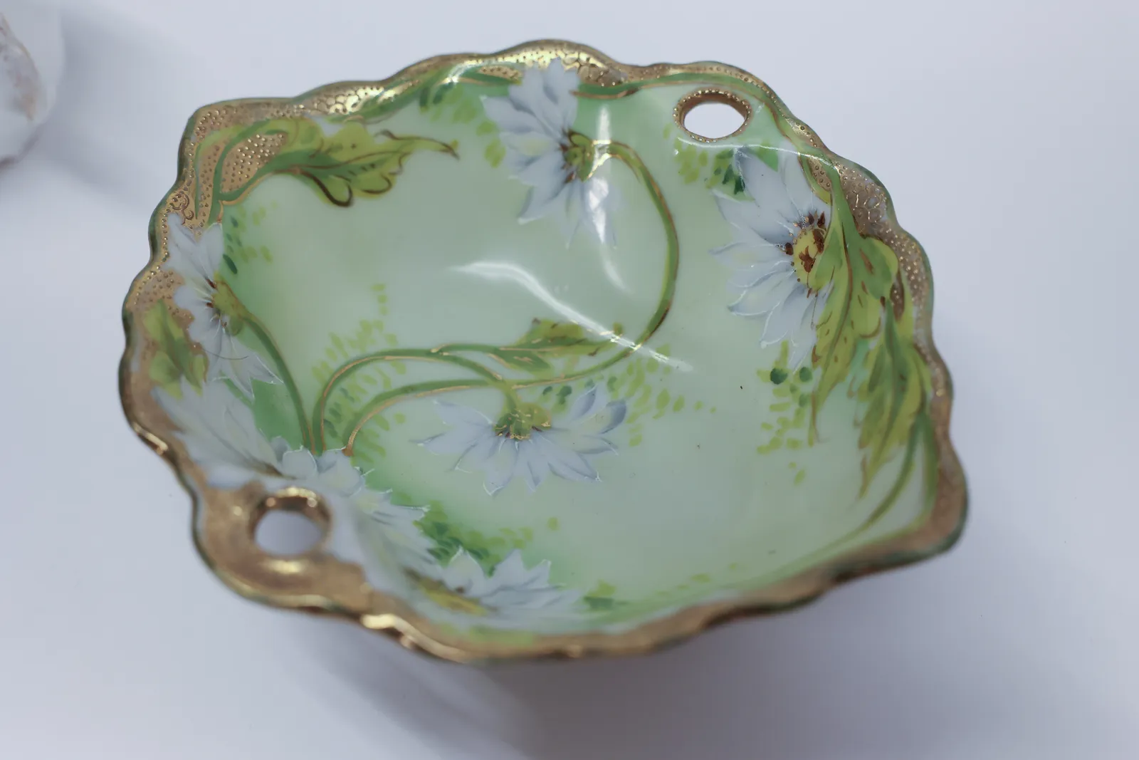 Hand-Painted Porcelain Cup & Pierced Dish, Pair