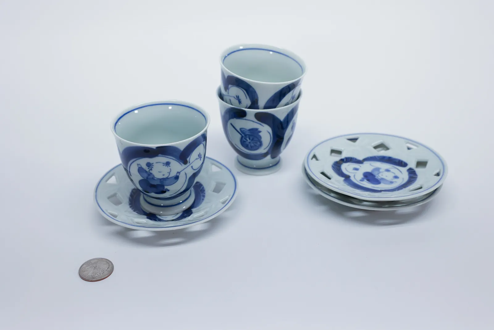 Japanese Blue & White Porcelain Cup & Saucer Set 3