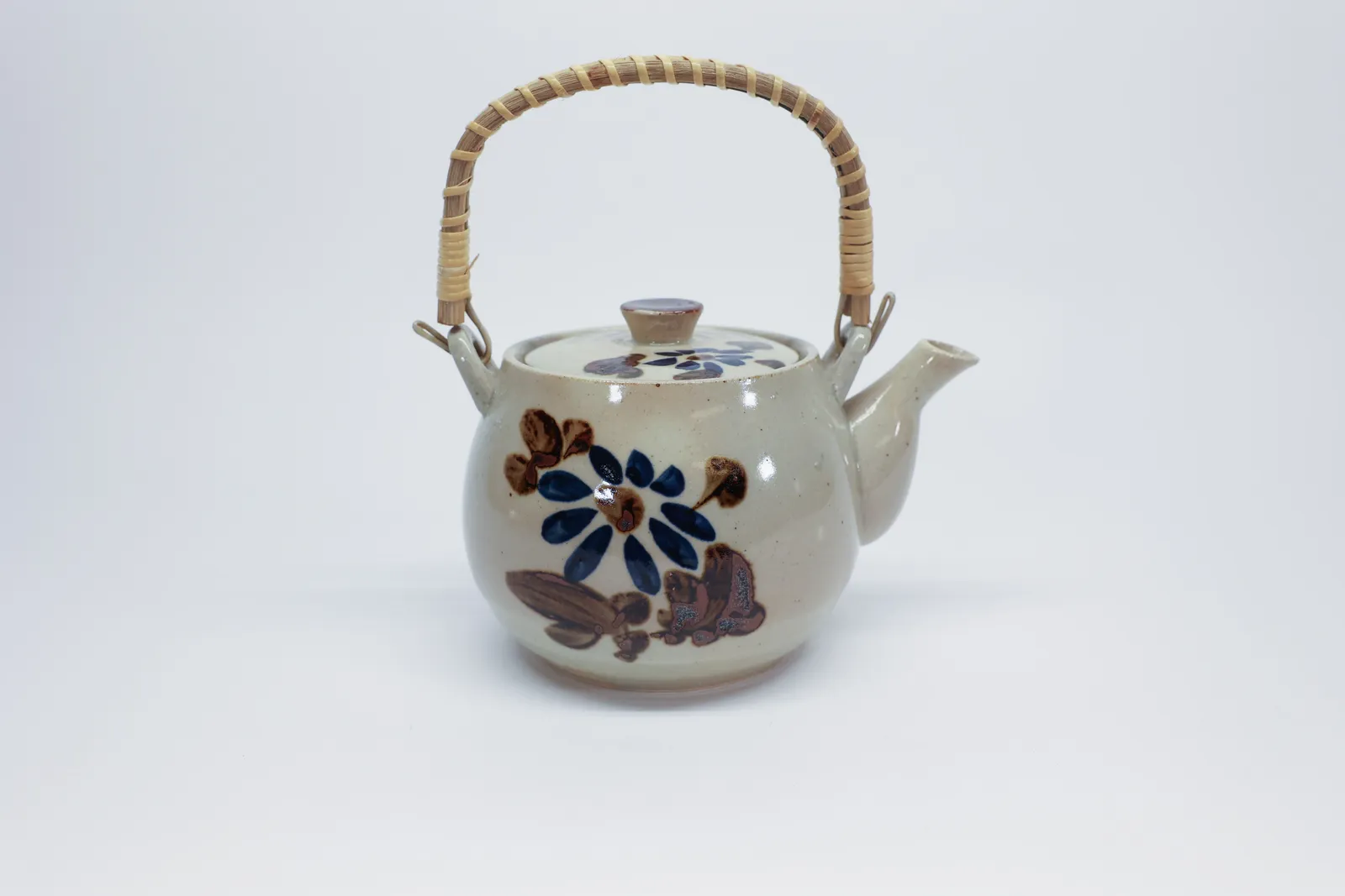 Stoneware Floral Teapot, Bamboo Handle