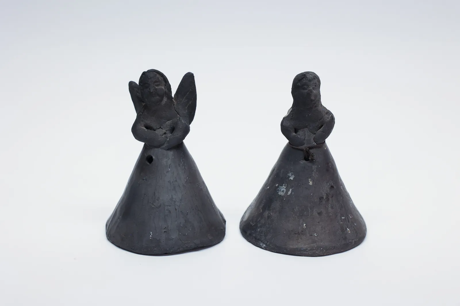 Hand-Built Figural Bells, Pair Barro Negro Mex