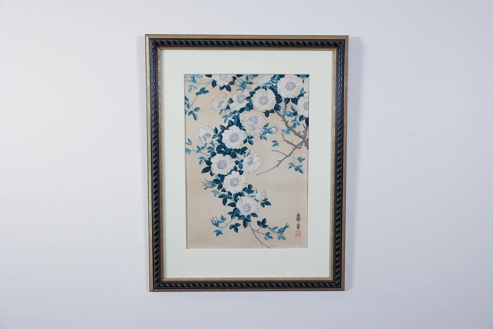 Japanese Woodblock Print, White Wild Roses, Signed
