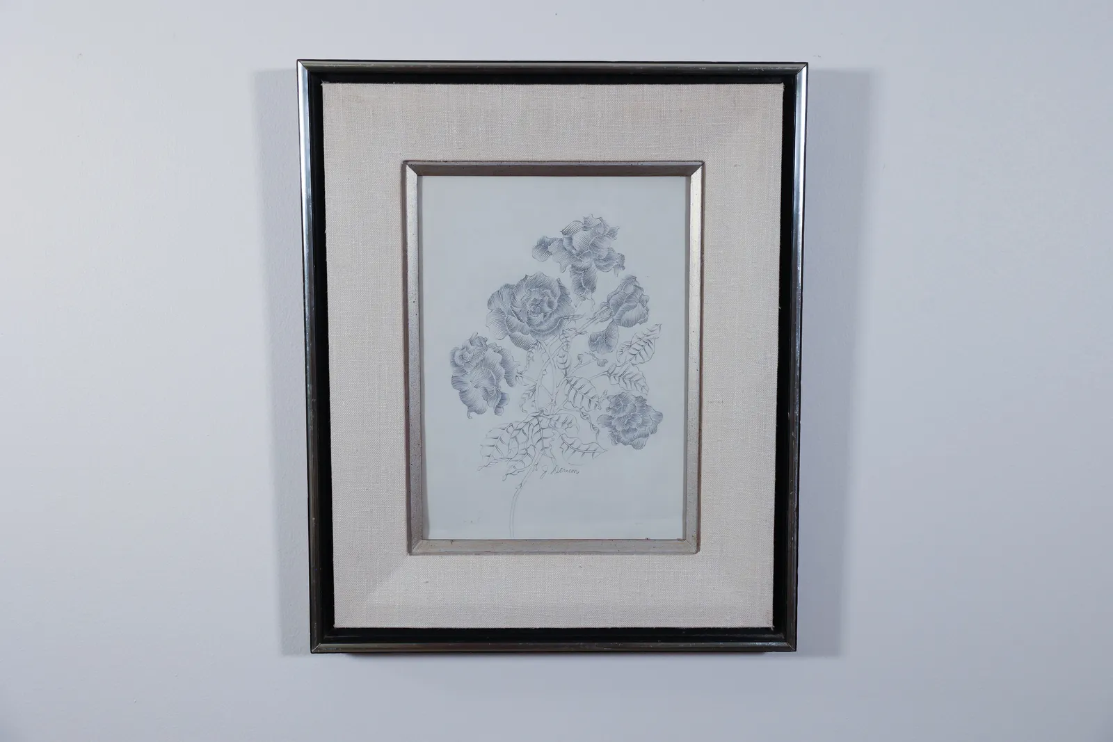 J. Derman Pencil Rose Botanical Drawing, Framed
