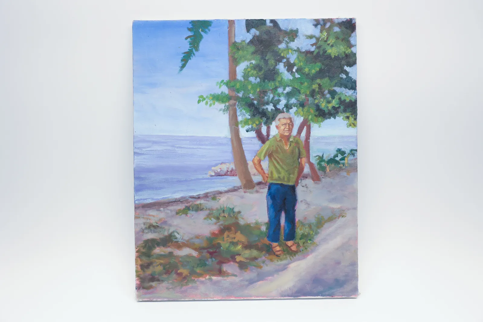 Oil Painting, Man on Beach Under Tree, Unsigned